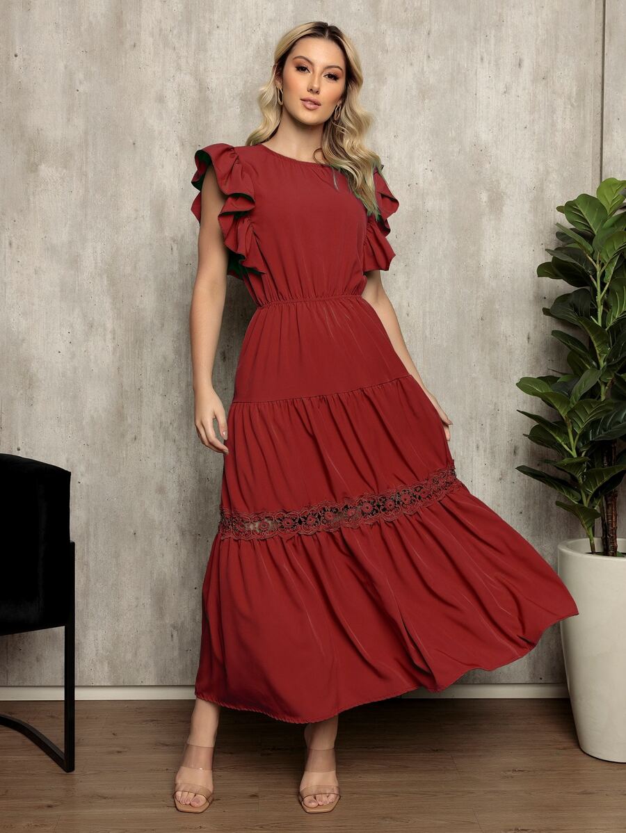 Vestido Longo Feminino Estilo Boho com Manga Esvoaçante e Babados