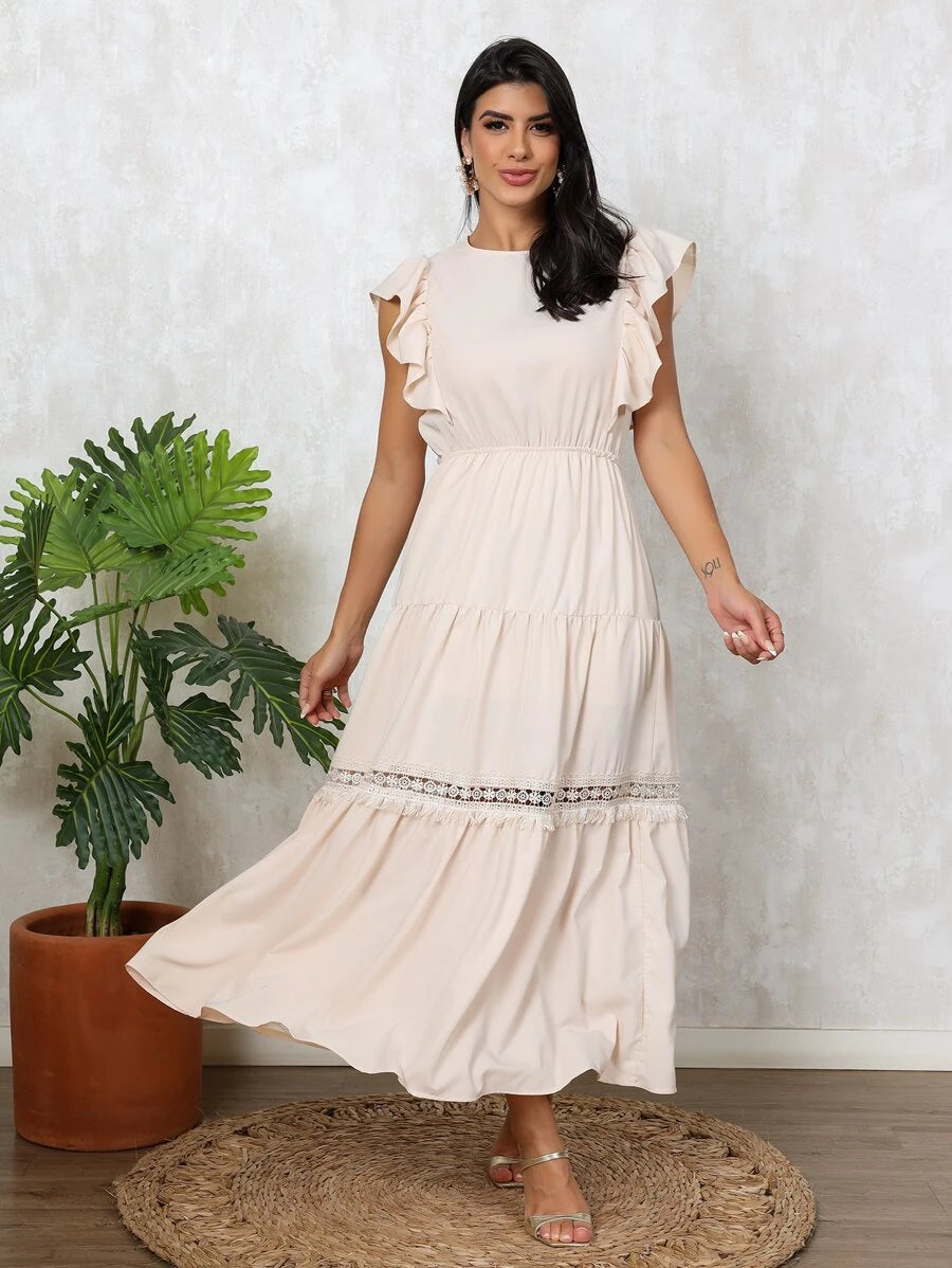 Vestido Longo Feminino Estilo Boho com Manga Esvoaçante e Babados