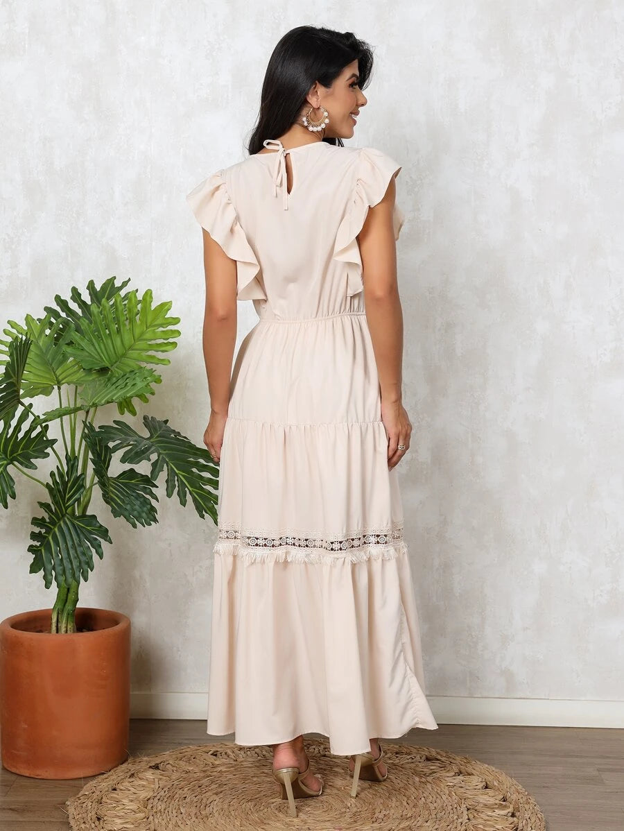 Vestido Longo Feminino Estilo Boho com Manga Esvoaçante e Babados