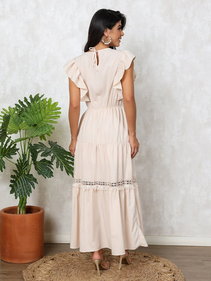 Vestido Longo Feminino Estilo Boho com Manga Esvoaçante e Babados