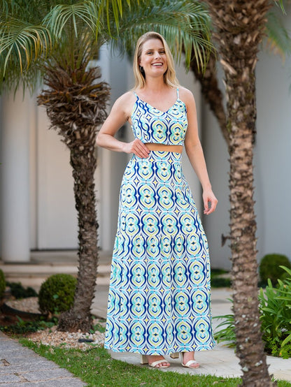 Conjunto Feminino Blusinha e Saia Longa Estampado com Bojo