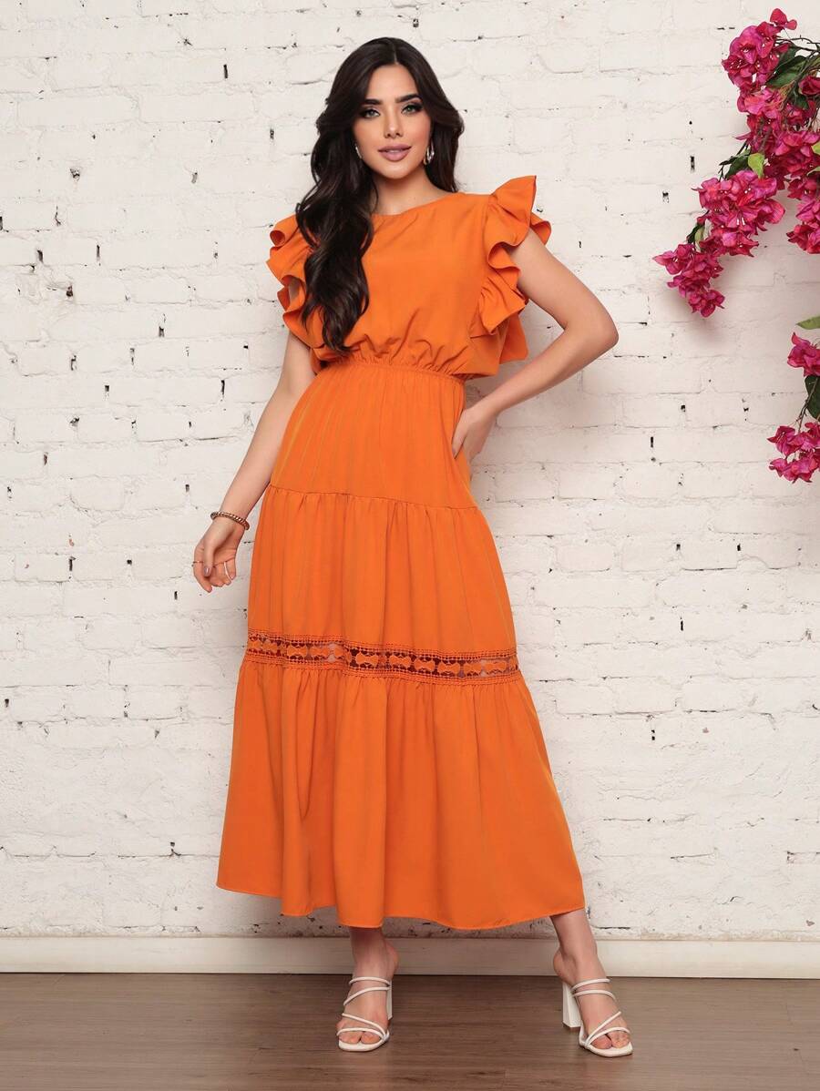 Vestido Longo Feminino Estilo Boho com Manga Esvoaçante e Babados