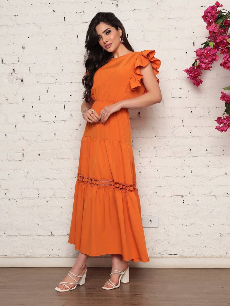 Vestido Longo Feminino Estilo Boho com Manga Esvoaçante e Babados