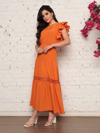 Vestido Longo Feminino Estilo Boho com Manga Esvoaçante e Babados