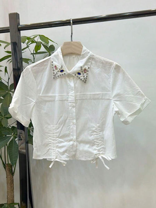 Cropped Feminino Slim Fit com Pérolas
