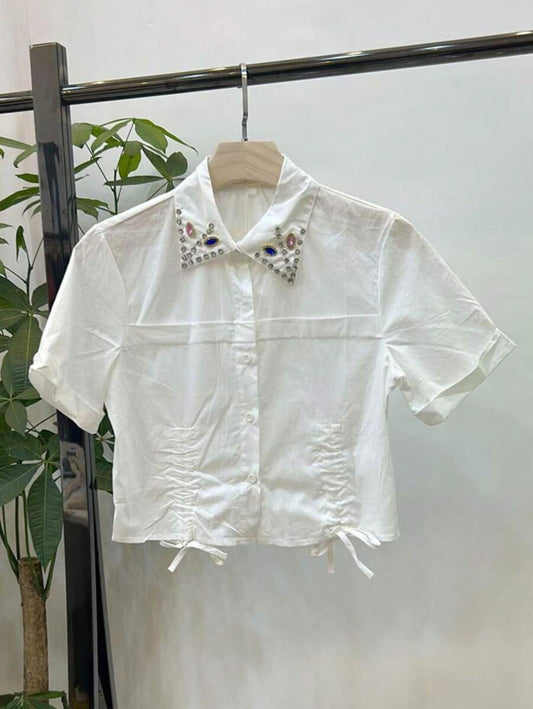 Cropped Feminino Slim Fit com Pérolas