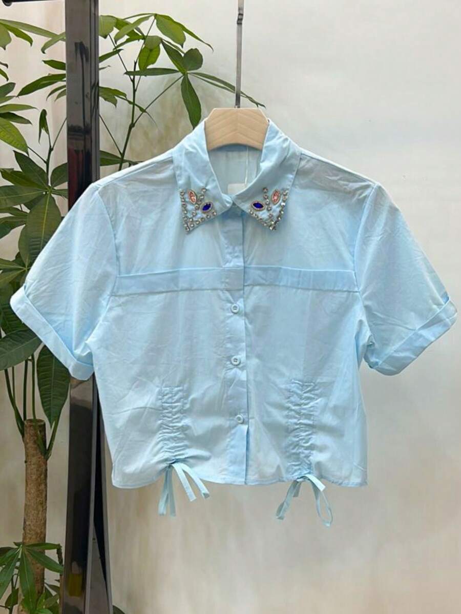 Cropped Feminino Slim Fit com Pérolas
