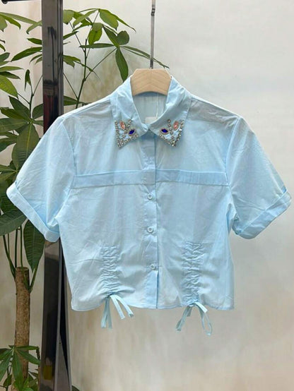 Cropped Feminino Slim Fit com Pérolas