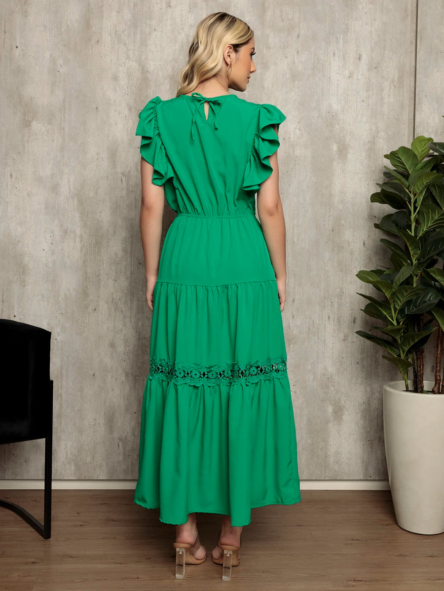 Vestido Longo Feminino Estilo Boho com Manga Esvoaçante e Babados