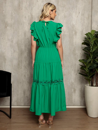 Vestido Longo Feminino Estilo Boho com Manga Esvoaçante e Babados