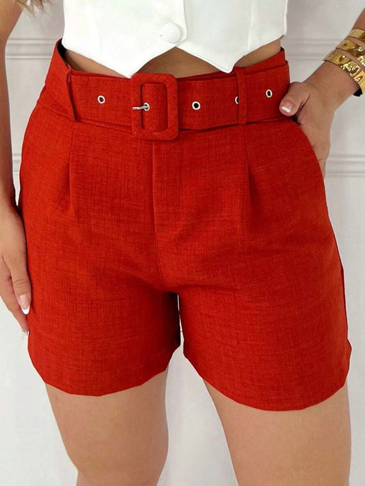 Short Feminino em Linho com Cinto Forrado e Zíper Lateral