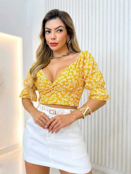 Cropped Feminino Manga Bufante com Lastex e Bojo