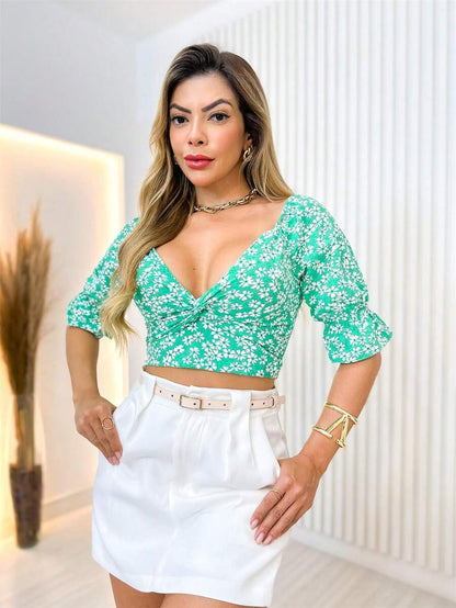Cropped Feminino Manga Bufante com Lastex e Bojo