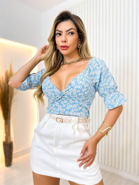 Cropped Feminino Manga Bufante com Lastex e Bojo