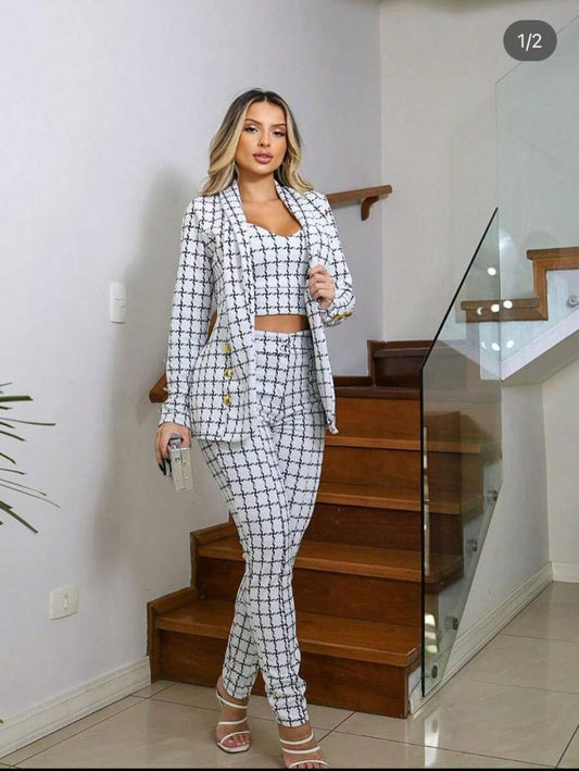 Conjunto 3 Peças Feminino Xadrez  Blazer, Calça e Cropped em Neoprene Premium
