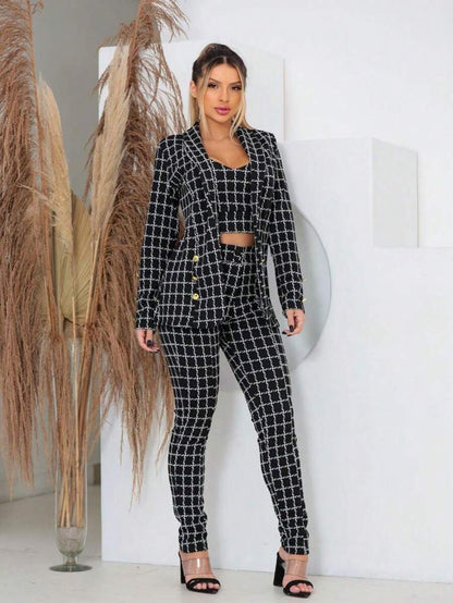 Conjunto 3 Peças Feminino Xadrez  Blazer, Calça e Cropped em Neoprene Premium