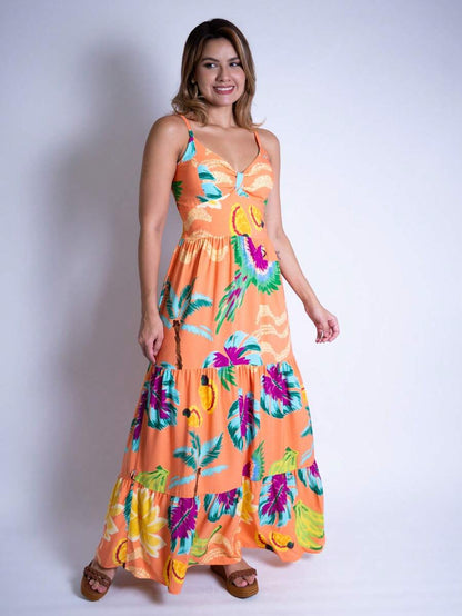 Vestido Longo Estampado Feminino com Lastex e Bojo em Viscolinho