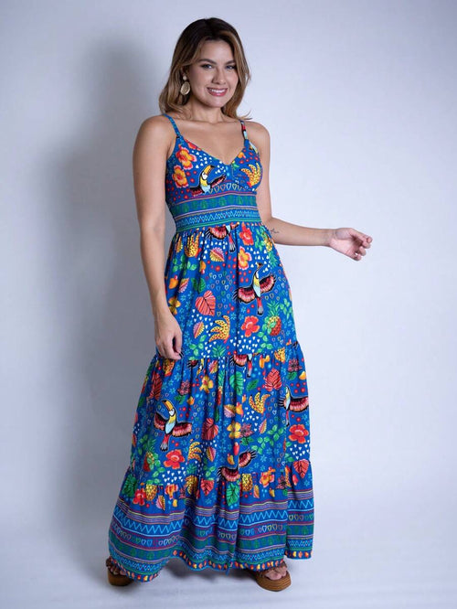 Vestido Longo Estampado Feminino com Lastex e Bojo em Viscolinho