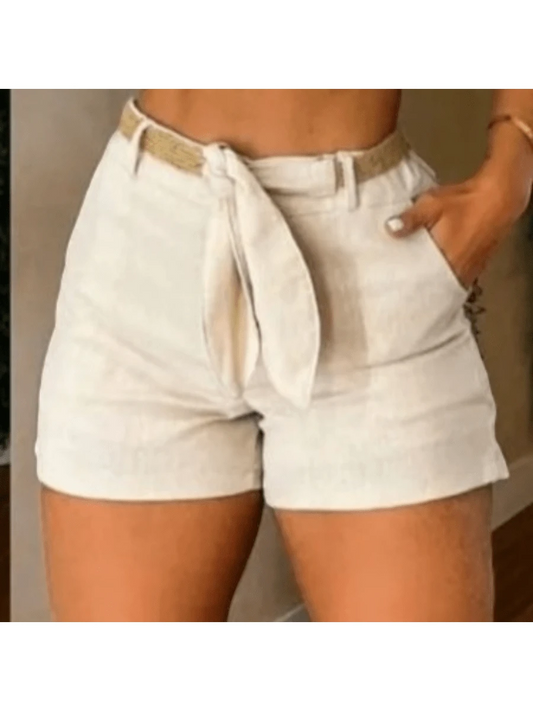 Shorts Feminino de Linho Social Curto com Cinto e Bolso Faca
