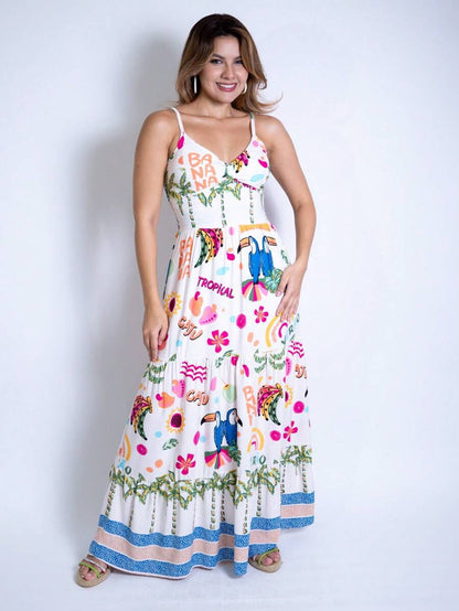 Vestido Longo Estampado Feminino com Lastex e Bojo em Viscolinho