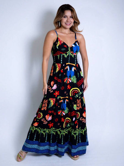 Vestido Longo Estampado Feminino com Lastex e Bojo em Viscolinho