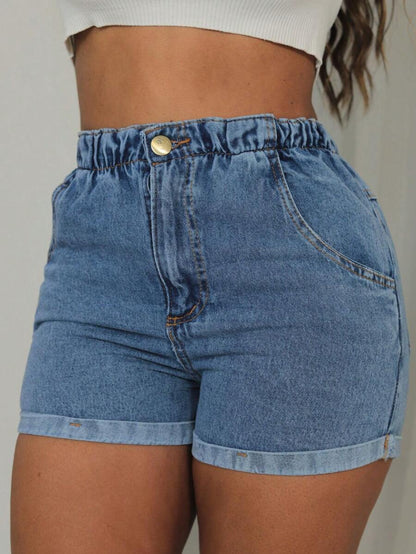 Shorts Jeans Cintura Alta com Elástico e Barra Dobrada