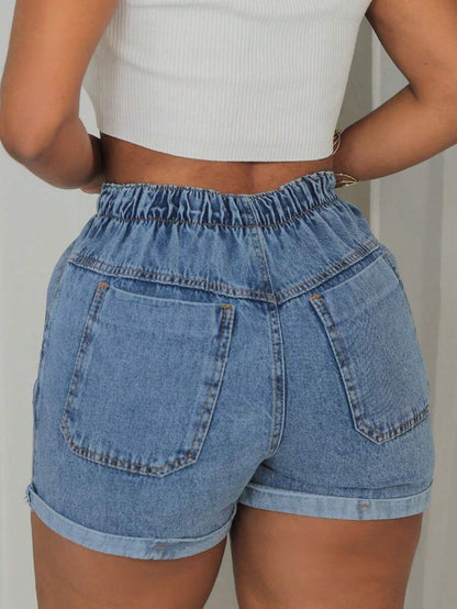 Shorts Jeans Cintura Alta com Elástico e Barra Dobrada