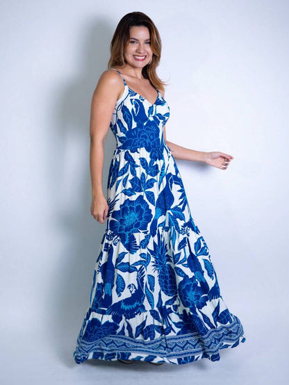 Vestido Longo Estampado Feminino com Lastex e Bojo em Viscolinho