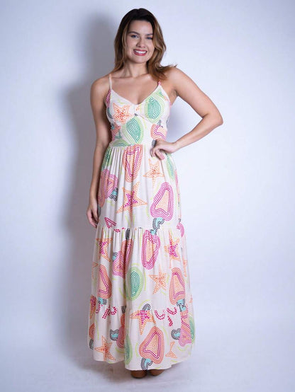 Vestido Longo Estampado Feminino com Lastex e Bojo em Viscolinho