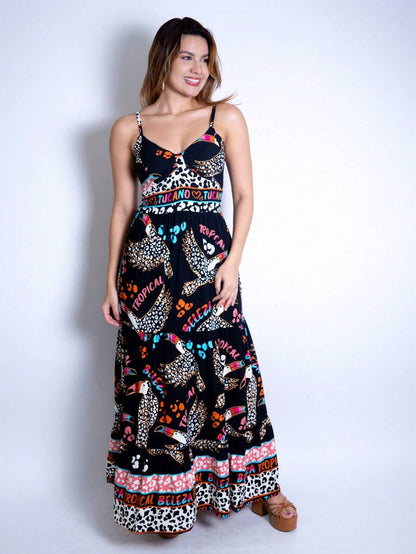 Vestido Longo Estampado Feminino com Lastex e Bojo em Viscolinho