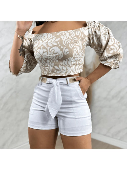 Shorts Feminino de Linho Social Curto com Cinto e Bolso Faca
