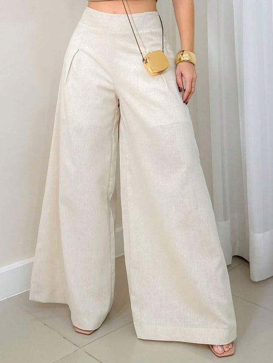 Calça Pantalona de Cambraia Feminina com Zíper nas Laterais e Forro Curto