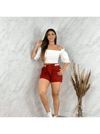 Shorts Feminino de Linho Social Curto com Cinto e Bolso Faca