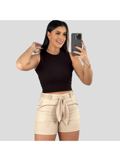 Shorts Feminino de Linho Social Curto com Cinto e Bolso Faca