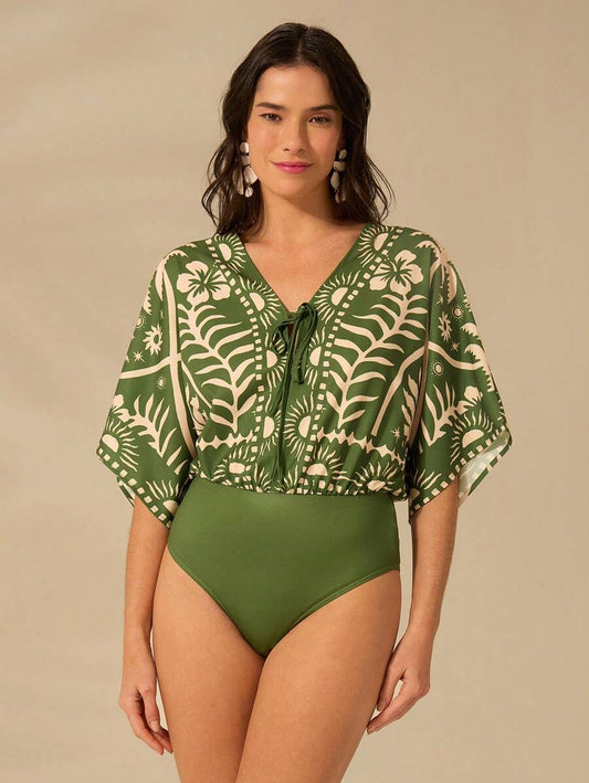 Body Giovana Feminino de Mangas Amarradas com Decote em V