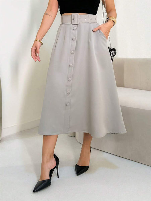 Saia Longa Monocromática em Alfaiataria com Bolsos, Zíper, Botão e Cinto
