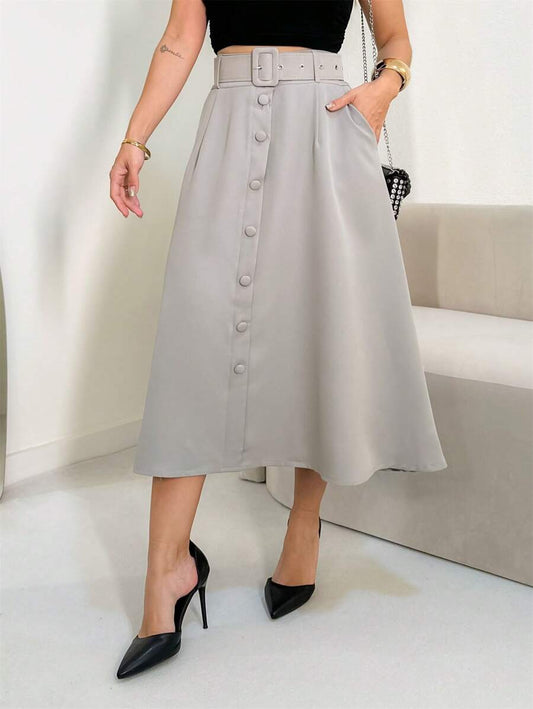 Saia Longa Monocromática em Alfaiataria com Bolsos, Zíper, Botão e Cinto