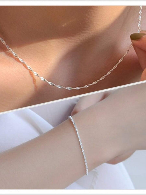 Kit Conjunto Colar Choker e Pulseira Fita Laminada Torcida Banhados a Prata 925