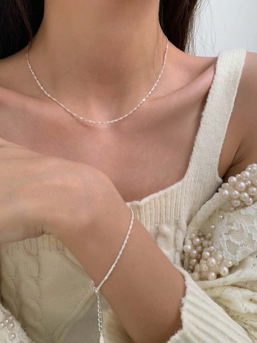 Kit Conjunto Colar Choker e Pulseira Fita Laminada Torcida Banhados a Prata 925