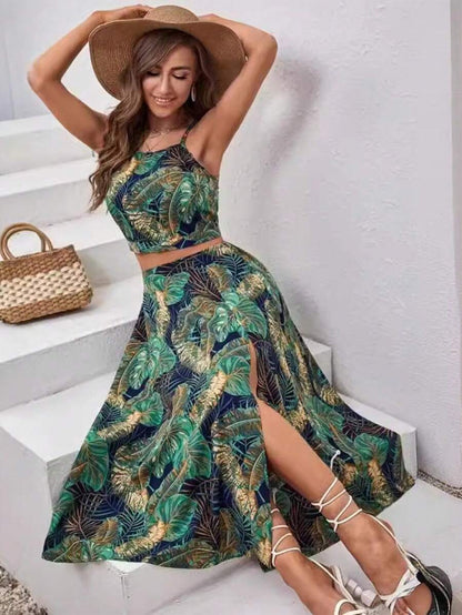Conjunto Feminina Estampa Tropical Top e  Saia, Estampado