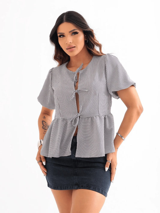 Blusa Bata Feminina com Manga Bufante e Laço Frontal