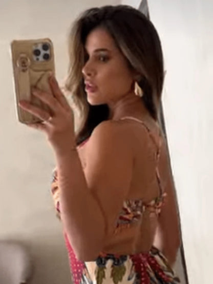 Vestido Feminino Curto de Crepinho Estampa Fênix