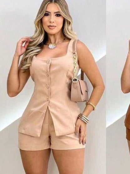 Conjunto Feminino Alfaiataria Short e Colete com Botão