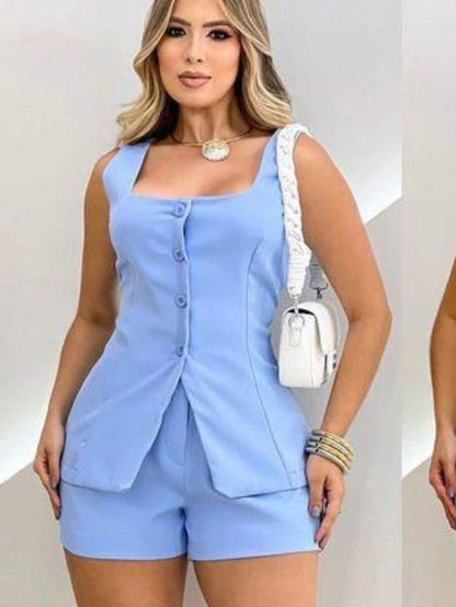 Conjunto Feminino Alfaiataria Short e Colete com Botão