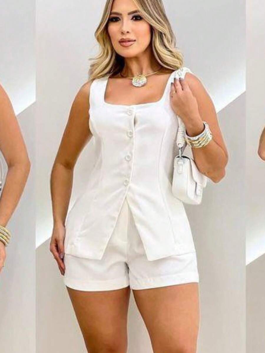 Conjunto Feminino Alfaiataria Short e Colete com Botão