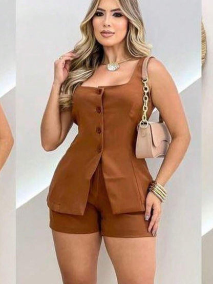Conjunto Feminino Alfaiataria Short e Colete com Botão