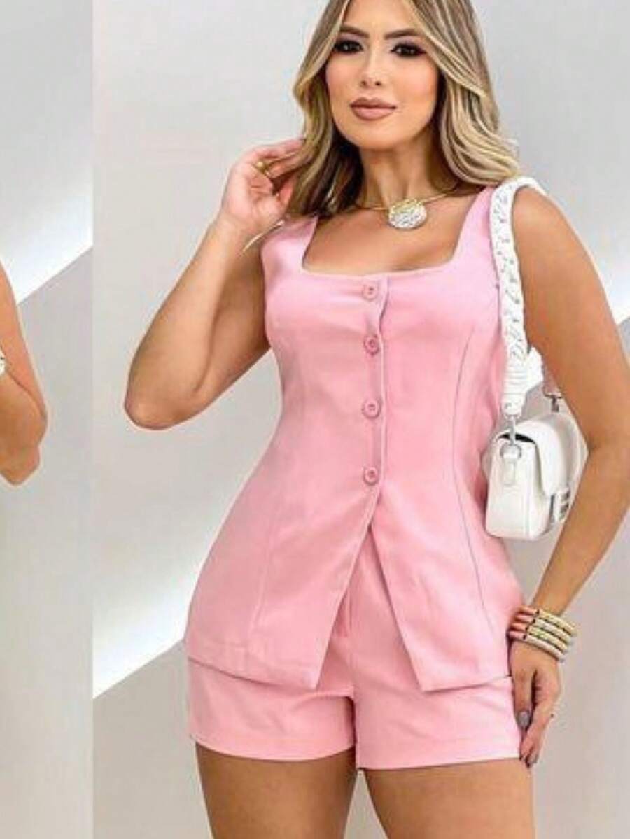 Conjunto Feminino Alfaiataria Short e Colete com Botão