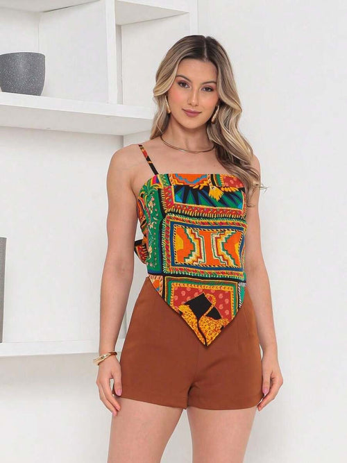 Conjunto Feminino Camisa com Amarração Atrás e Short com Zíper