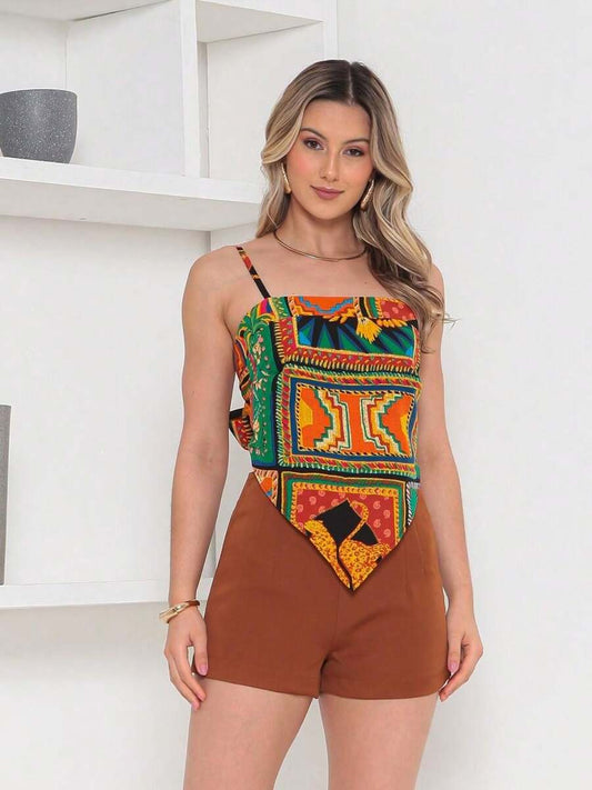 Conjunto Feminino Camisa com Amarração Atrás e Short com Zíper