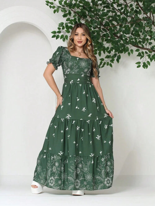 Vestido Elegante Longo Feminino Estampado com Manga Curta